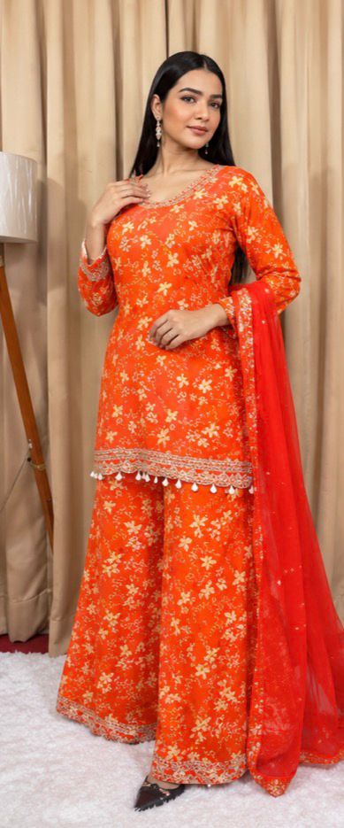 Noor Orange Chinnon Plazo Suit