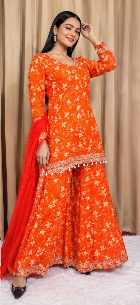 Noor Orange Chinnon Plazo Suit