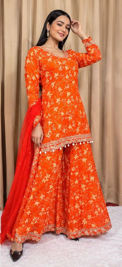 Noor Orange Chinnon Plazo Suit